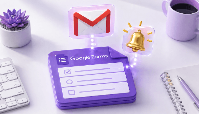 Google Forms email notification setup with Gmail and alert icons