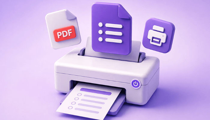 3D clay-style white printer with floating Google Form, PDF, and printer icons above it, printing a form sheet on a soft purple gradient background