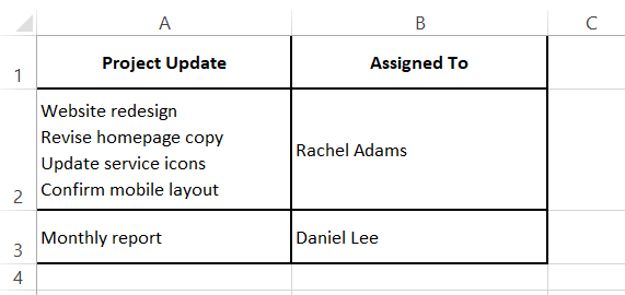 a cleaned table appearing in Excel, where a cell contains multiple lines
