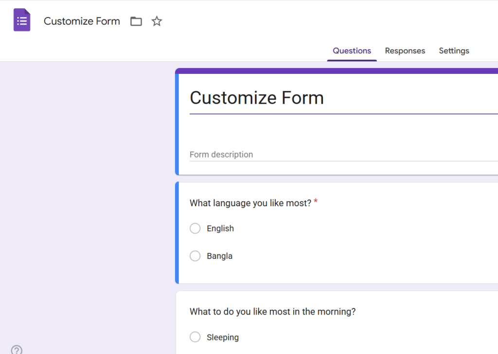A Google Forms is opened