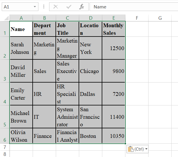 A table is appearing in Excel with basic structure
