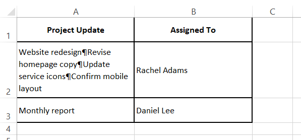a table is appearing in Excel with some paragraph symbols in a cell