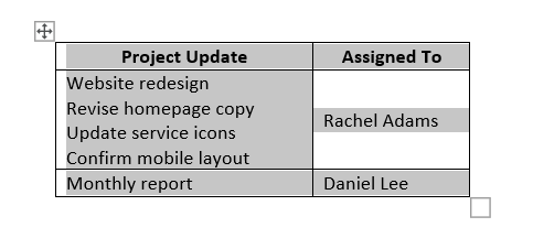 a table is selected in MS Word, where a cell contains multiple lines

