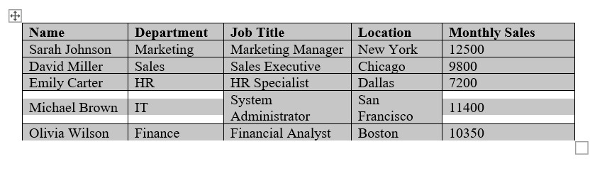 A table is selected in Word
