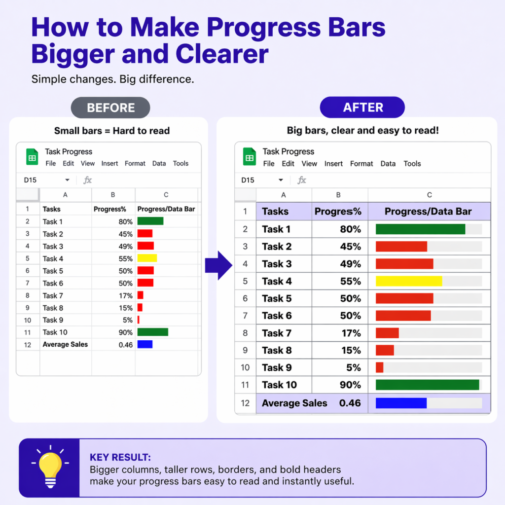 before and after comparison showing small unclear progress bars vs larger clearer progress bars in Google Sheets