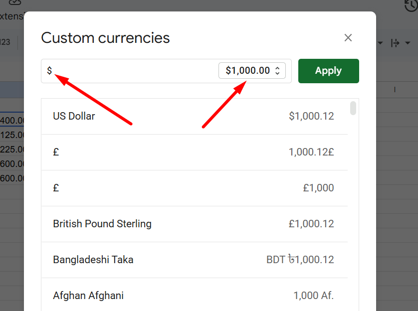 custom currencies settings pop-up appearing in google sheet