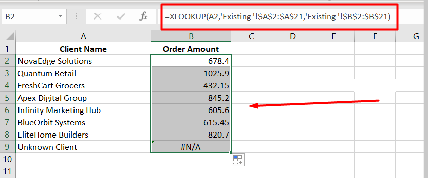 Excel screenshot with XLOOKUP formula showing selected lookup and return ranges highlighted with red arrows
