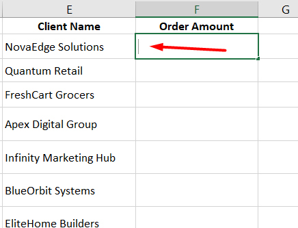 Excel sheet showing XLOOKUP result column with Order Amount cell selected next to Client Name list
