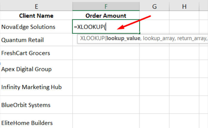 excel showing user typing =XLOOKUP formula in Order Amount column with function suggestion dropdown visible
