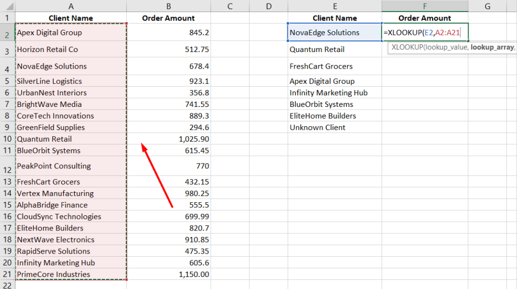 Excel showing XLOOKUP formula with lookup array selected from Client Name column (A2:A21 range)