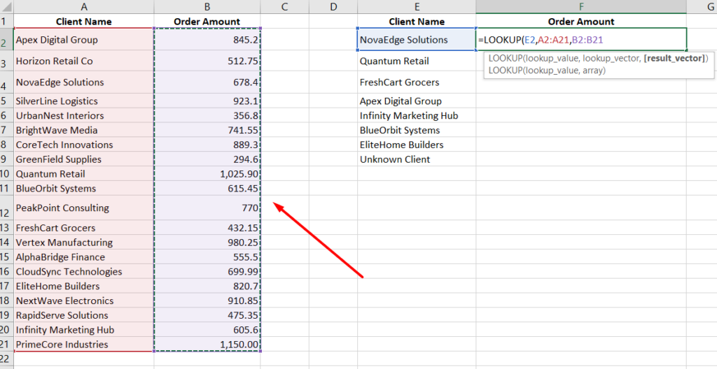 Excel showing XLOOKUP formula with return array selected from Order Amount column (B2:B21 range)