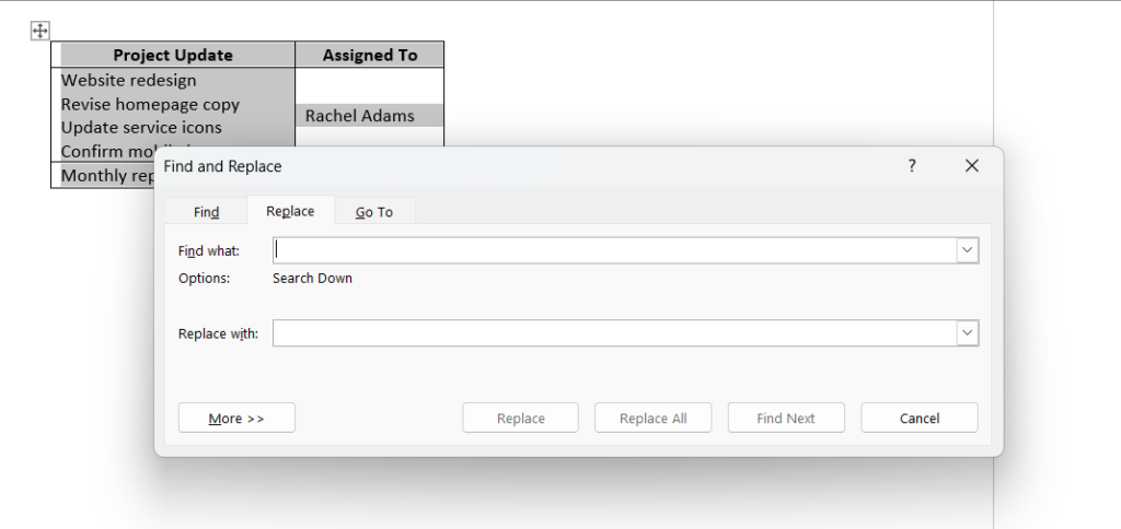 Find and Replace dialog box in MS Word