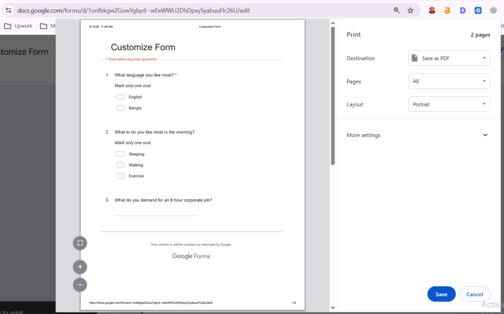 Google Forms print preview showing full form layout before saving or printing