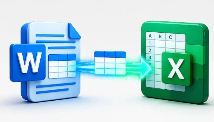 Illustration of a Microsoft Word document icon transforming into a Microsoft Excel spreadsheet icon with a glowing arrow indicating data conversion from Word to Excel