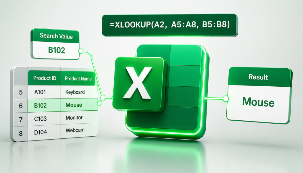 3D isometric illustration of Excel XLOOKUP showing a search value connected through spreadsheet cells to a result, with a central green Excel logo on a clean grey background