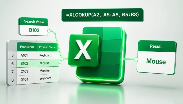 3D isometric illustration of Excel XLOOKUP showing a search value connected through spreadsheet cells to a result, with a central green Excel logo on a clean grey background