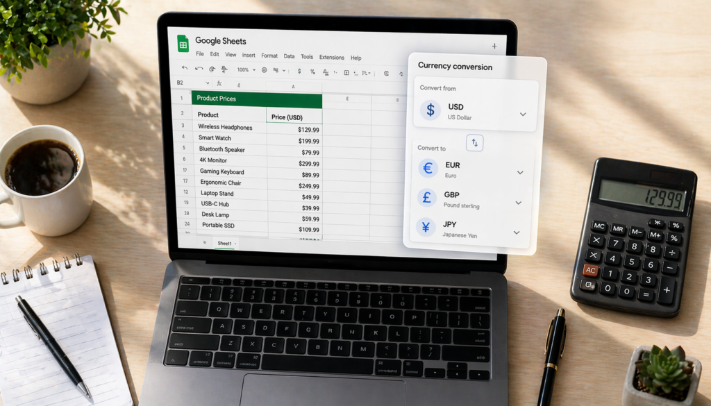 Laptop displaying Google Sheets product pricing spreadsheet with a currency conversion panel, next to a calculator, coffee cup, notebook, pens, and plants on a wooden desk.