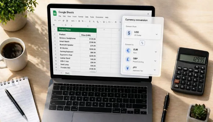 Laptop displaying Google Sheets product pricing spreadsheet with a currency conversion panel, next to a calculator, coffee cup, notebook, pens, and plants on a wooden desk.