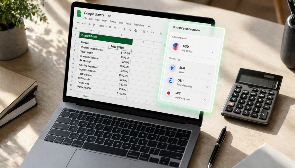 Laptop displaying Google Sheets with a product pricing spreadsheet and floating currency conversion panel beside a calculator on a desk with books, pen, and plant