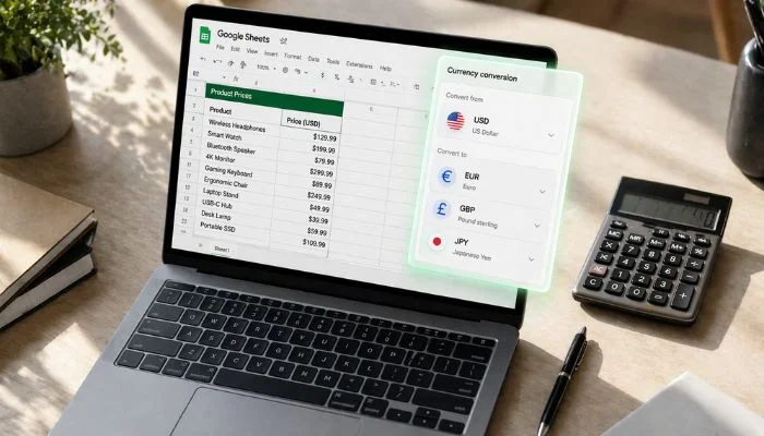 Laptop displaying Google Sheets with a product pricing spreadsheet and floating currency conversion panel beside a calculator on a desk with books, pen, and plant