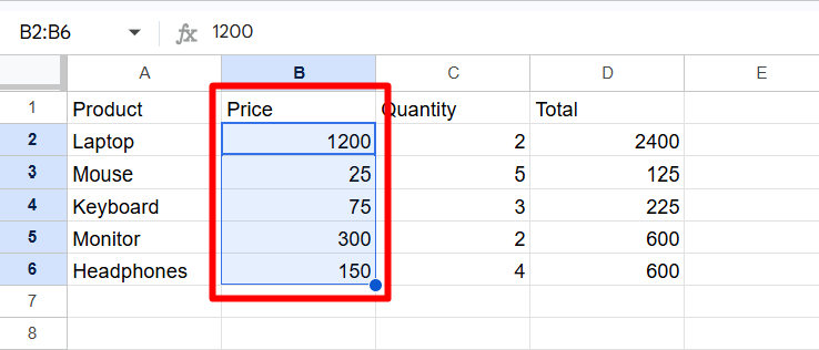 prices are highlighted in the Google sheet