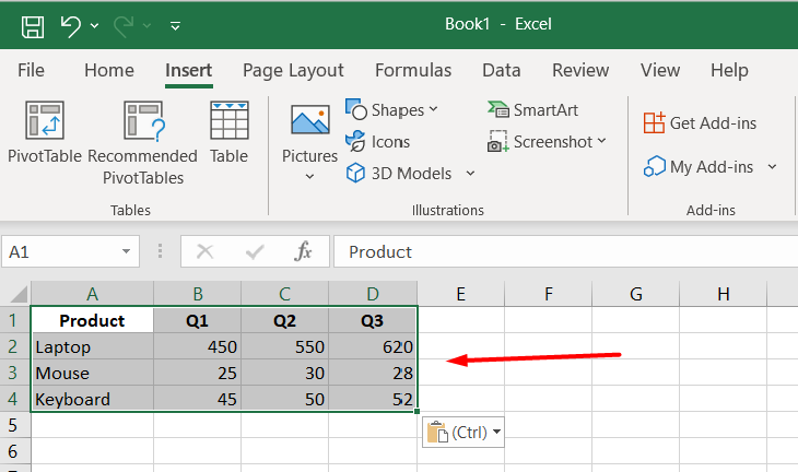 red arrow highlighting selected dataset in Excel