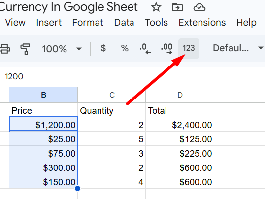 red arrow pointing 123 as number format in Google sheet