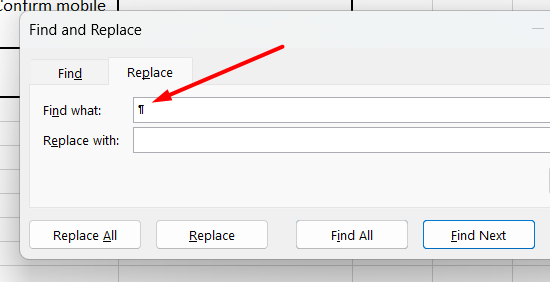 red arrow pointing to a paragraph symbol in the “Find what field” in the “Find and Replace dialog box” in Excel