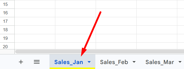 red arrow pointing to a sheet name when it's colored