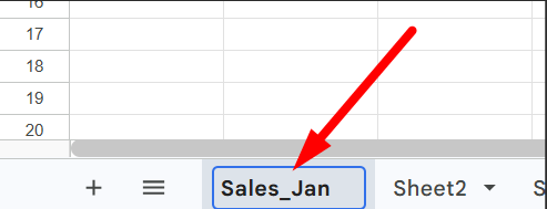red arrow pointing to a sheet name when its “Sales_Jan