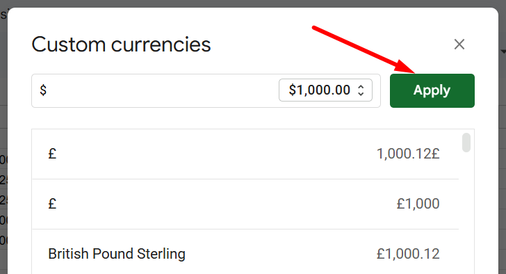 red arrow pointing to “Apply” button to set the currency as USD
