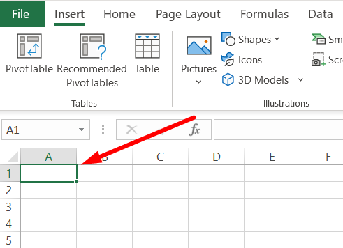 red arrow pointing to blank cell A1 in Excel