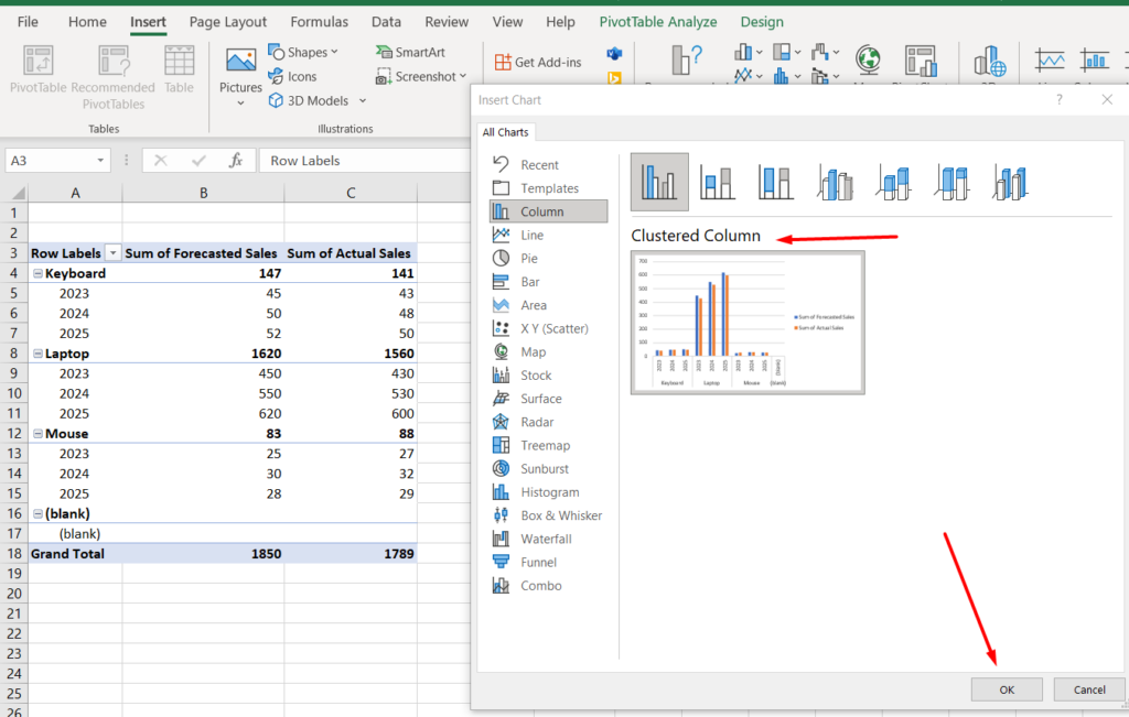 red arrow pointing to clustered column chart option and OK button in Insert Chart window