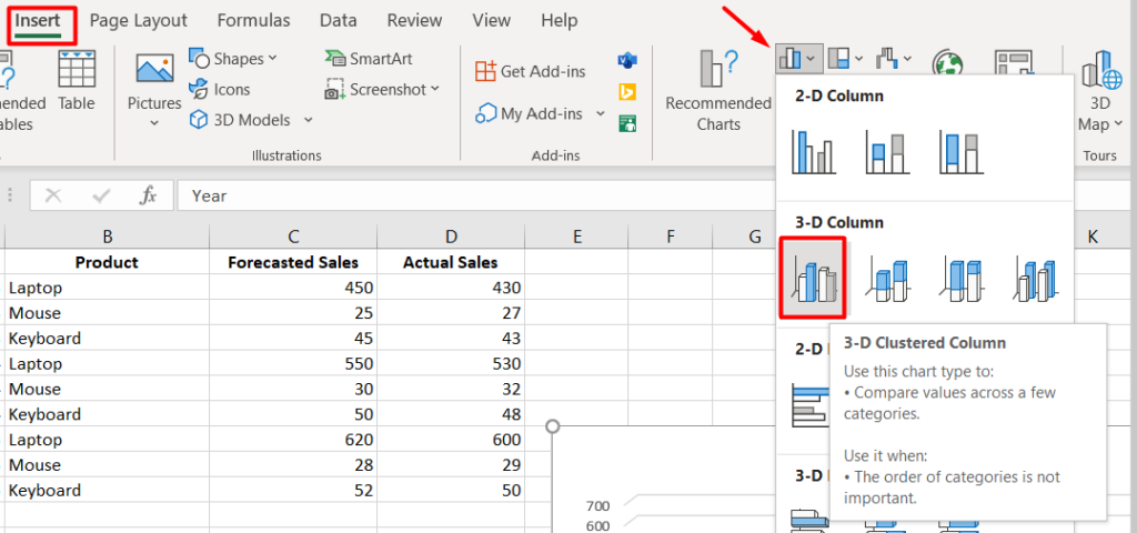red arrow pointing to column chart dropdown and 3-D clustered column option in Excel