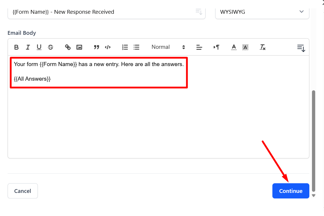 red arrow pointing to ‘Continue’ button in the “Email Notifications for Google Forms” pop-up