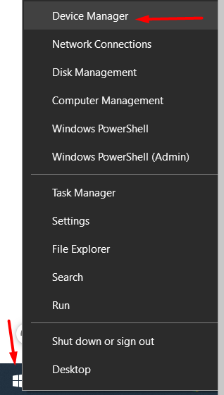 red arrow pointing to Device Manager option in Windows right-click Start menu