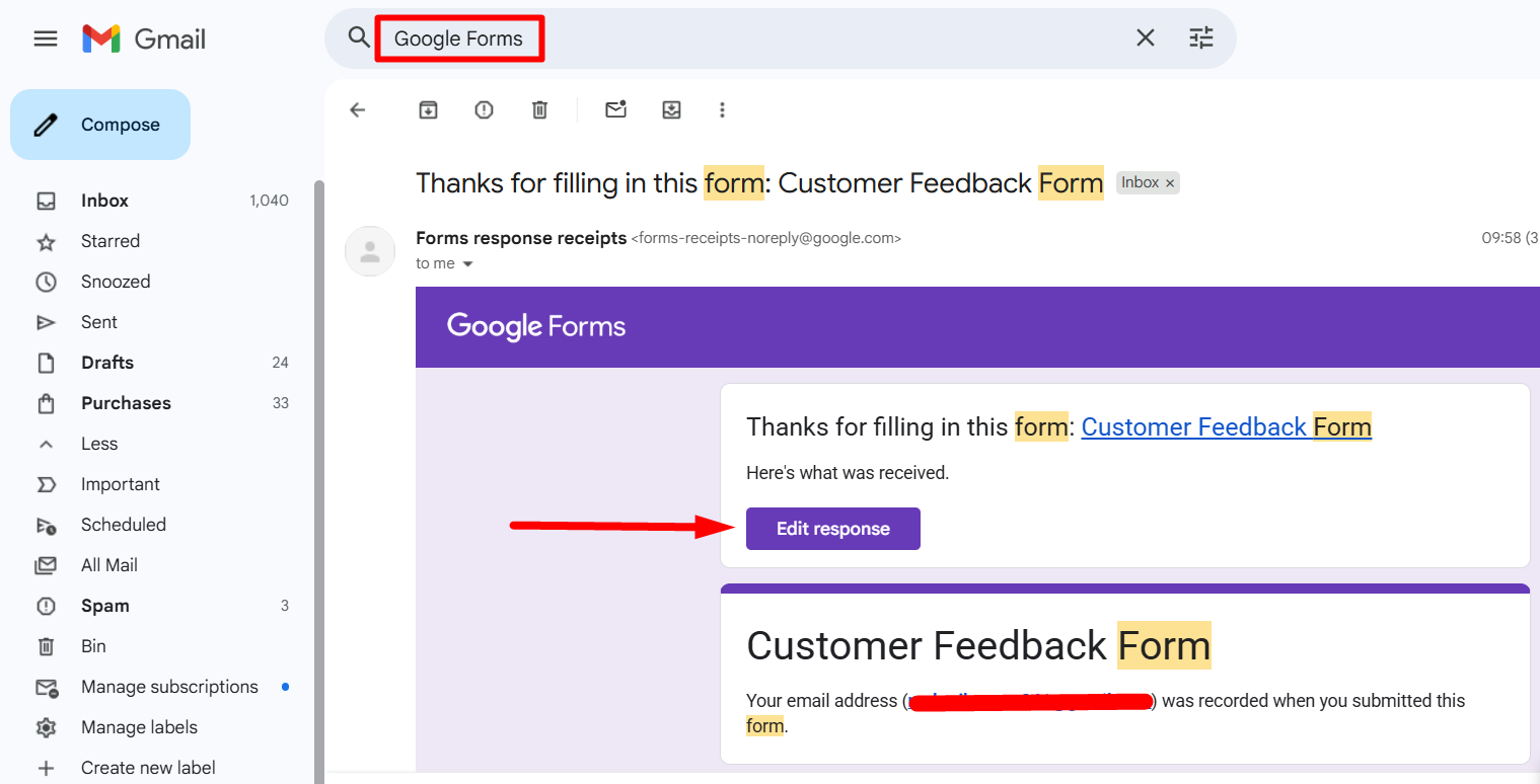 red arrow pointing to “Edit response” link on an email from Google Form