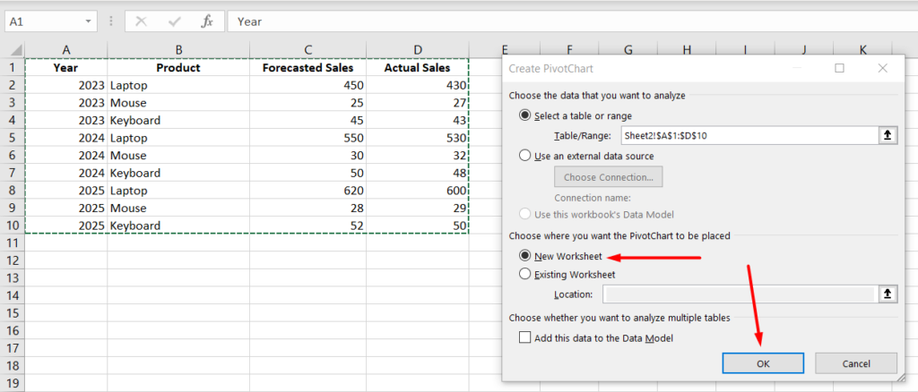 red arrow pointing to “New Worksheet” and “ok” option in Create PivotTable window