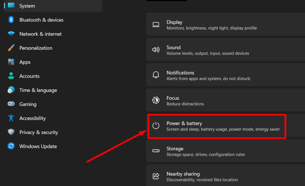  red arrow pointing to Power & battery option in Windows settings
