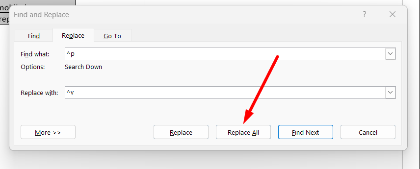 red arrow pointing to “Replace All” in the Find and Replace dialog box in Microsoft Word