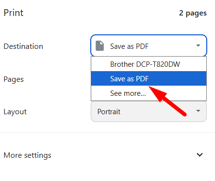 red arrow pointing to Save as PDF option in destination dropdown in print settings