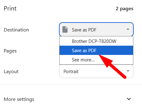 red arrow pointing to Save as PDF option in destination dropdown in print settings