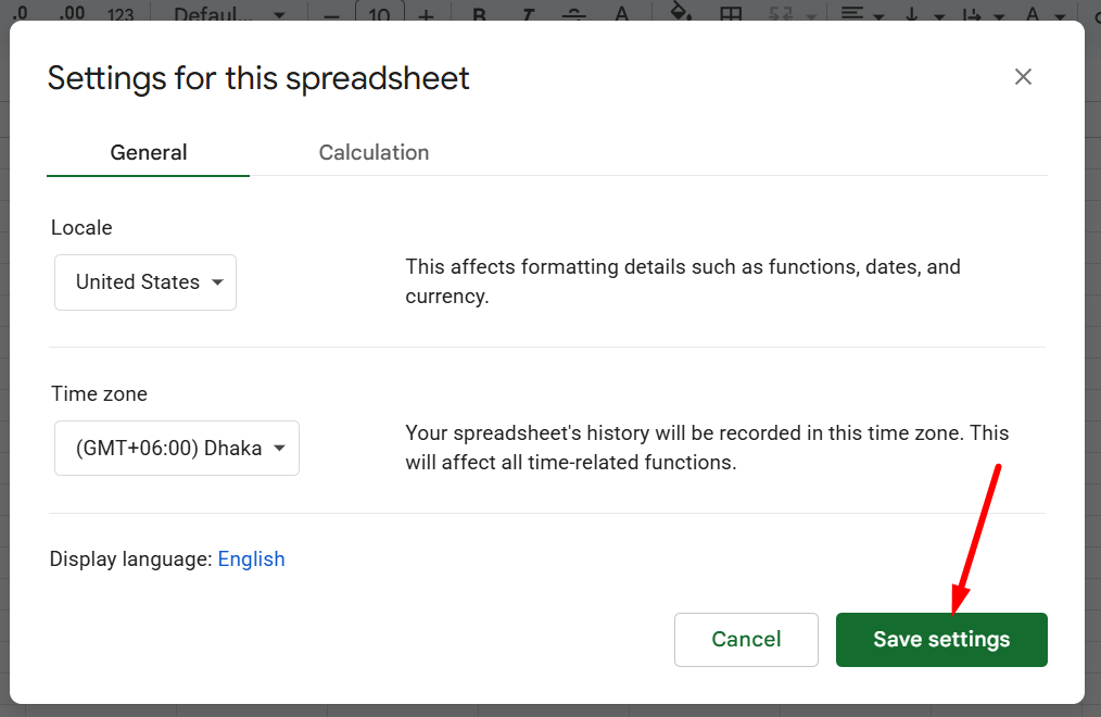 red arrow pointing to “Save settings” in the sheet settings pop-up