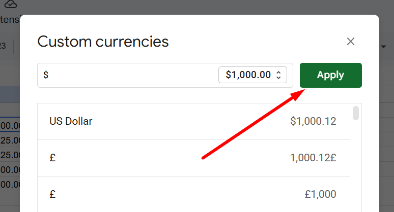 red arrow pointing to the ‘Apply’ button to update the format