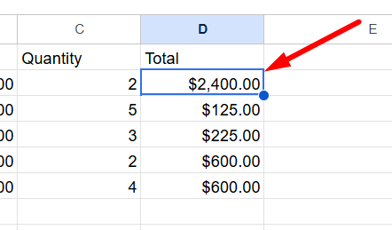 red arrow pointing to the chosen cell in the Google Sheet