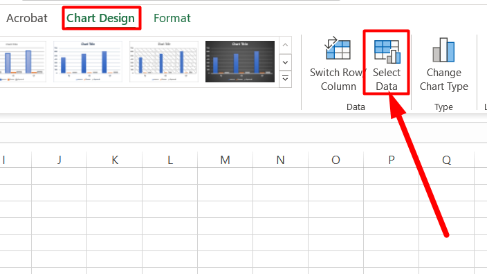 red arrow pointing to the “select data” in the chart design