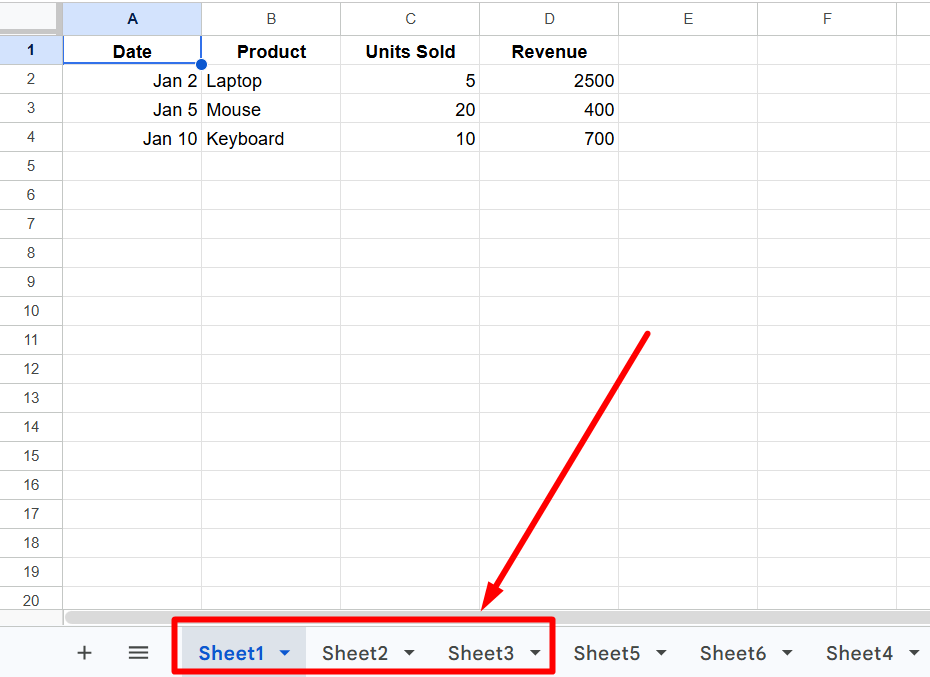 red arrow pointing to the sheet's name when they are not structured