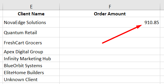 red arrow showing XLOOKUP result returning order amount (910.85) for selected client name 
