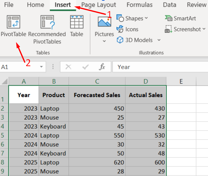 red arrows pointing to Insert tab and PivotTable option in Excel
