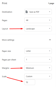 red arrows pointing to landscape layout, minimum margins, and custom scale settings in print dialog